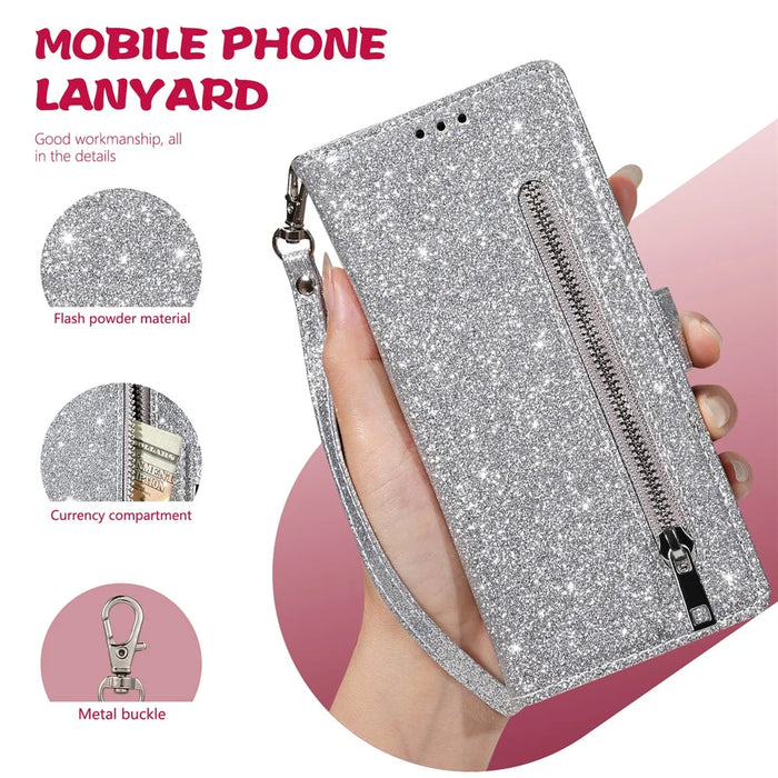 For iPhone 17 Stand Case Glitter Phone Leather Cover Zipper Pocket - Silver - 5