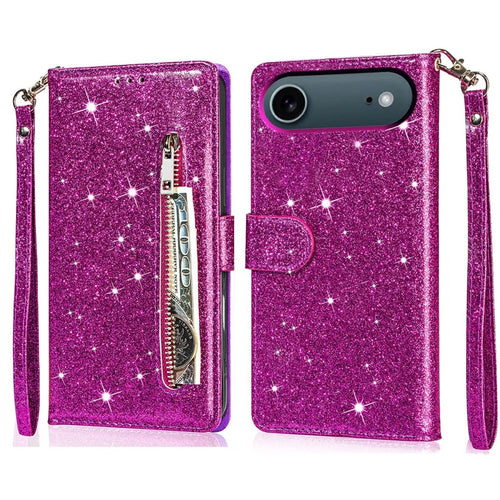 For iPhone Air Stand Case Glitter Phone Leather Cover Zipper Pocket - Purple - 1
