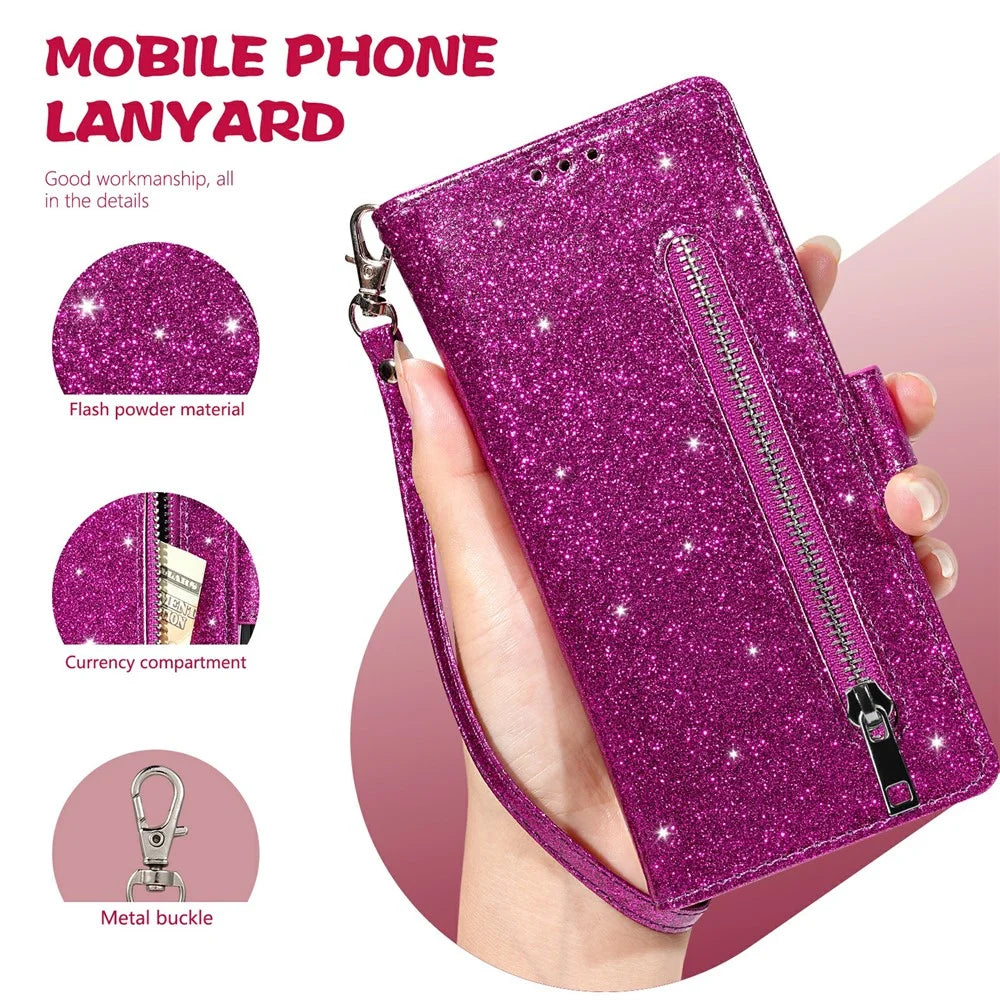 For iPhone Air Stand Case Glitter Phone Leather Cover Zipper Pocket - Purple - 5