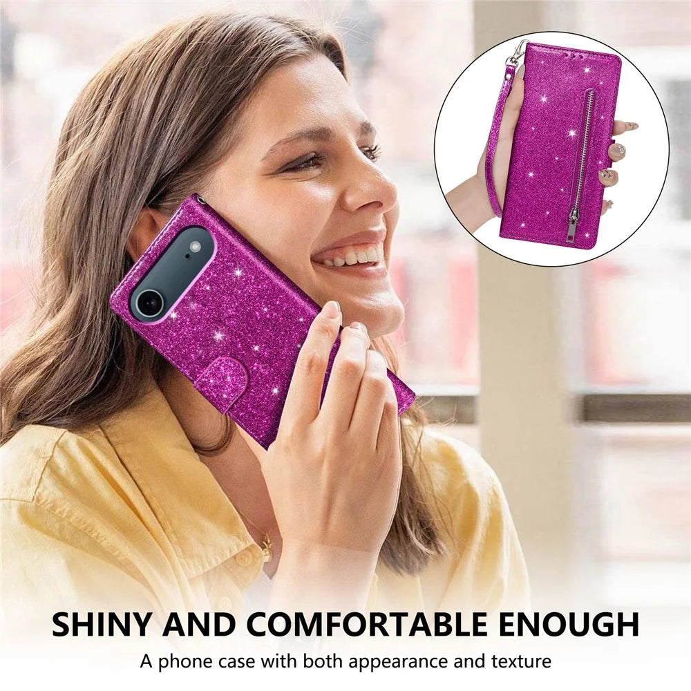For iPhone Air Stand Case Glitter Phone Leather Cover Zipper Pocket - Purple - 7