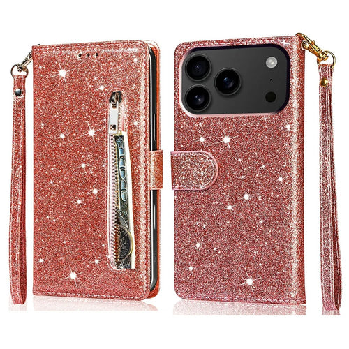 For iPhone 18 Pro / 17 Pro Stand Case Glitter Phone Leather Cover Zipper Pocket - Rose Gold - 1