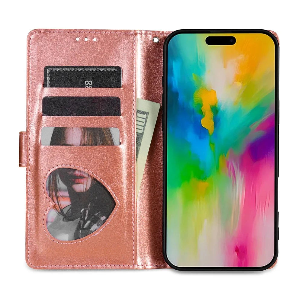 For iPhone 18 Pro / 17 Pro Stand Case Glitter Phone Leather Cover Zipper Pocket - Rose Gold - 2