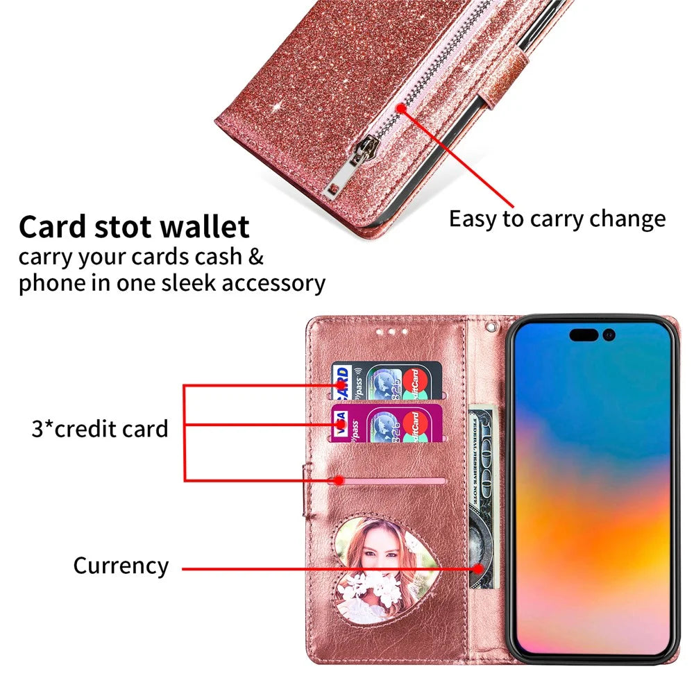 For iPhone 18 Pro / 17 Pro Stand Case Glitter Phone Leather Cover Zipper Pocket - Rose Gold - 4
