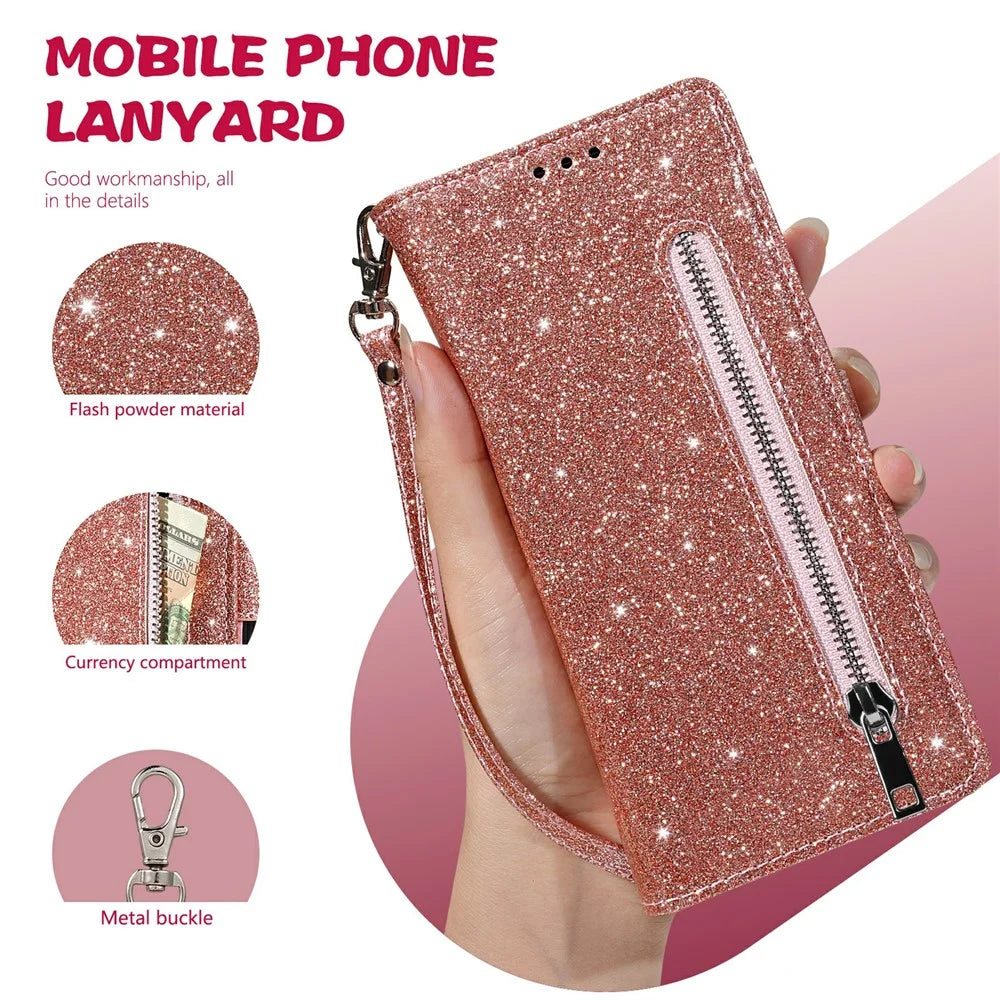 For iPhone 18 Pro / 17 Pro Stand Case Glitter Phone Leather Cover Zipper Pocket - Rose Gold - 5