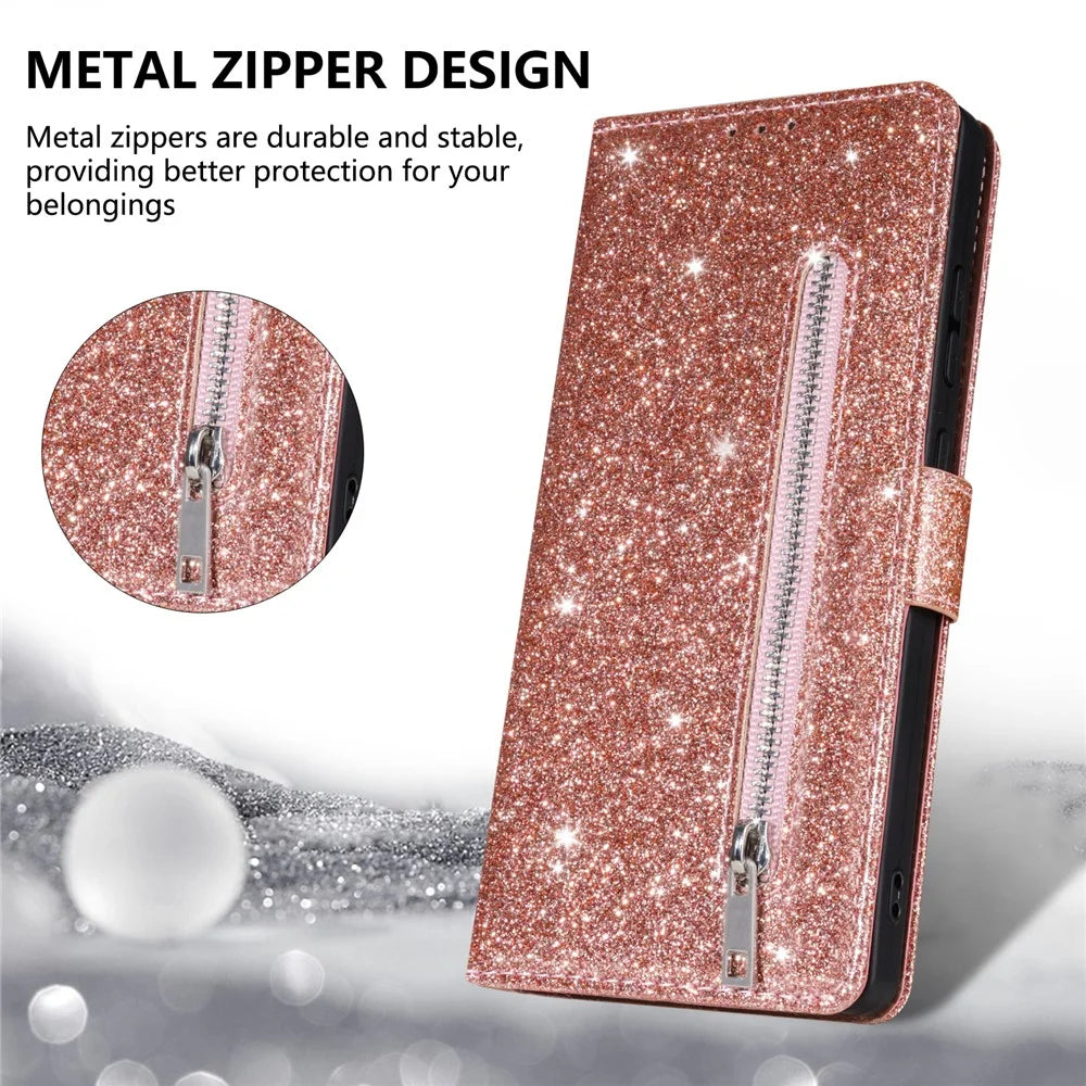 For iPhone 18 Pro / 17 Pro Stand Case Glitter Phone Leather Cover Zipper Pocket - Rose Gold - 6
