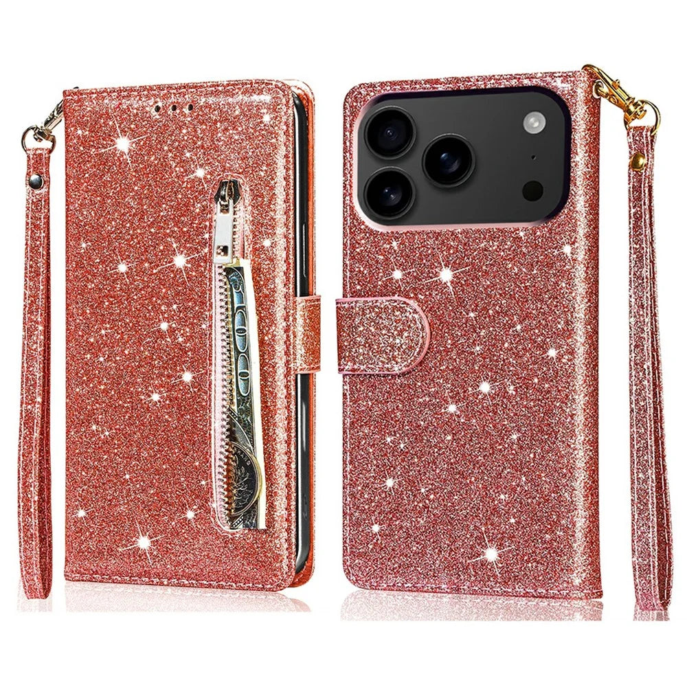 For iPhone 18 Pro Max / 17 Pro Max Stand Case Glitter Phone Leather Cover Zipper Pocket - Rose Gold - 1