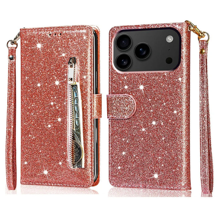 For iPhone 18 Pro Max / 17 Pro Max Stand Case Glitter Phone Leather Cover Zipper Pocket - Rose Gold - 1