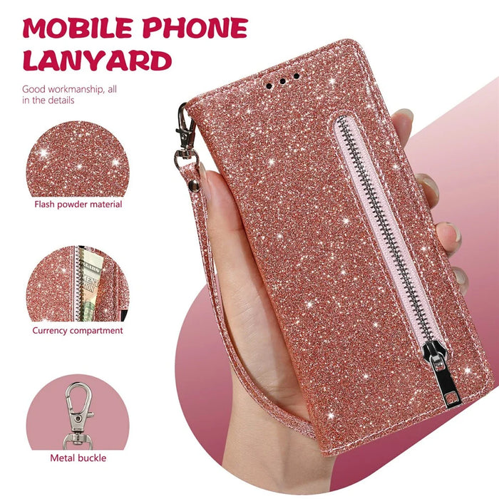 For iPhone 18 Pro Max / 17 Pro Max Stand Case Glitter Phone Leather Cover Zipper Pocket - Rose Gold - 5