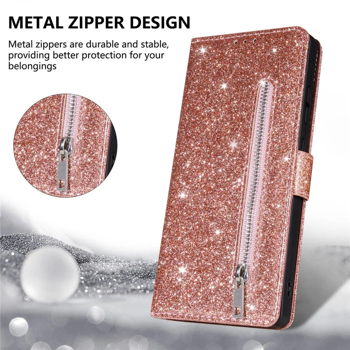 For iPhone 18 Pro Max / 17 Pro Max Stand Case Glitter Phone Leather Cover Zipper Pocket - Rose Gold - 6