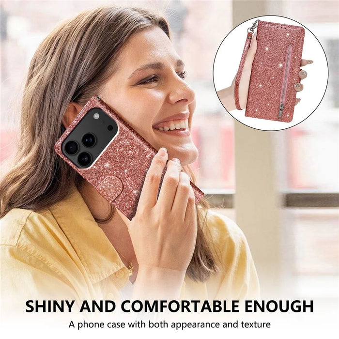 For iPhone 18 Pro Max / 17 Pro Max Stand Case Glitter Phone Leather Cover Zipper Pocket - Rose Gold - 7