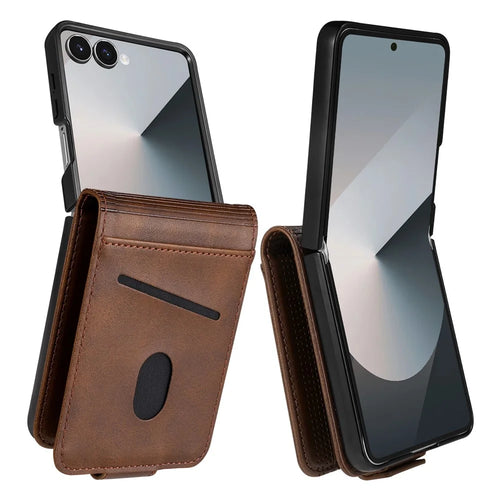 AZNS For Samsung Galaxy Z Flip7 5G Case Card Holder Cowhide Texture PC + PU Leather Phone Cover - Coffee - 1