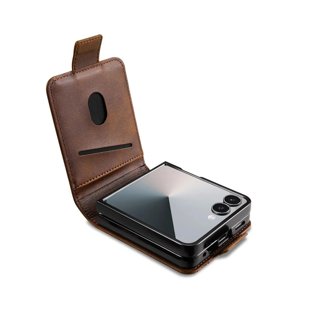 AZNS For Samsung Galaxy Z Flip7 5G Case Card Holder Cowhide Texture PC + PU Leather Phone Cover - Coffee - 2