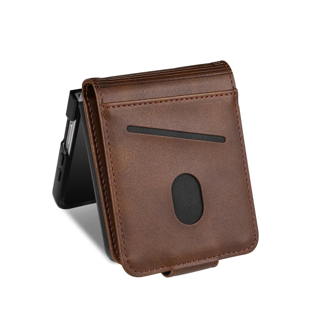 AZNS For Samsung Galaxy Z Flip7 5G Case Card Holder Cowhide Texture PC + PU Leather Phone Cover - Coffee - 3