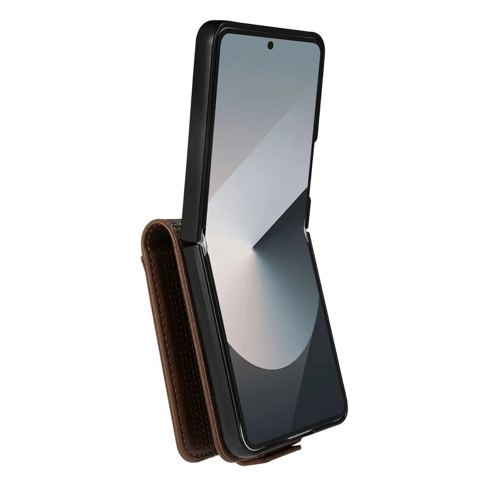 AZNS For Samsung Galaxy Z Flip7 5G Case Card Holder Cowhide Texture PC + PU Leather Phone Cover - Coffee - 4
