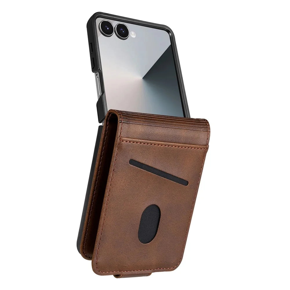 AZNS For Samsung Galaxy Z Flip7 5G Case Card Holder Cowhide Texture PC + PU Leather Phone Cover - Coffee - 5