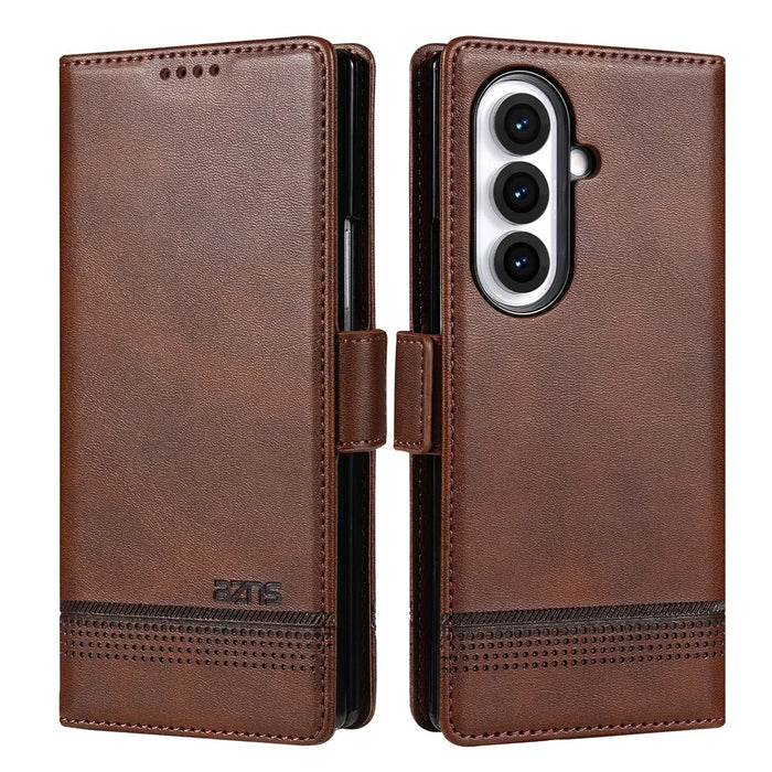 AZNS For Samsung Galaxy Z Fold7 5G Case Cowhide Texture PU Leather Wallet Phone Cover - Coffee - 1