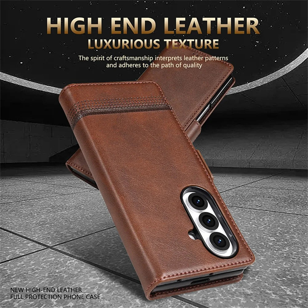 AZNS For Samsung Galaxy Z Fold7 5G Case Cowhide Texture PU Leather Wallet Phone Cover - Coffee - 3