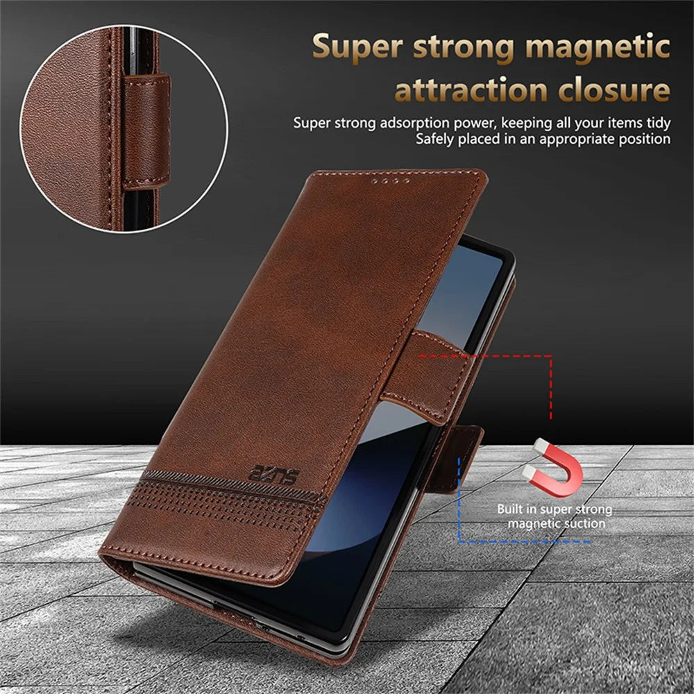 AZNS For Samsung Galaxy Z Fold7 5G Case Cowhide Texture PU Leather Wallet Phone Cover - Coffee - 5