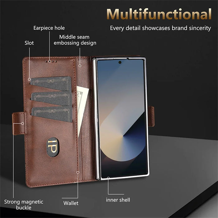 AZNS For Samsung Galaxy Z Fold7 5G Case Cowhide Texture PU Leather Wallet Phone Cover - Coffee - 7