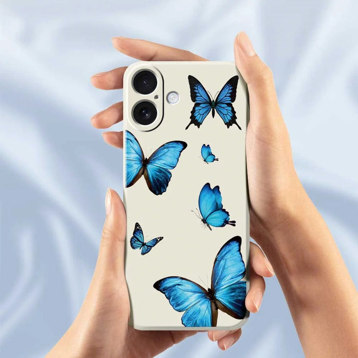 For iPhone 17 Case Blue Butterflies Pattern Printing Straight Edge TPU Phone Back Cover - Beige - 6
