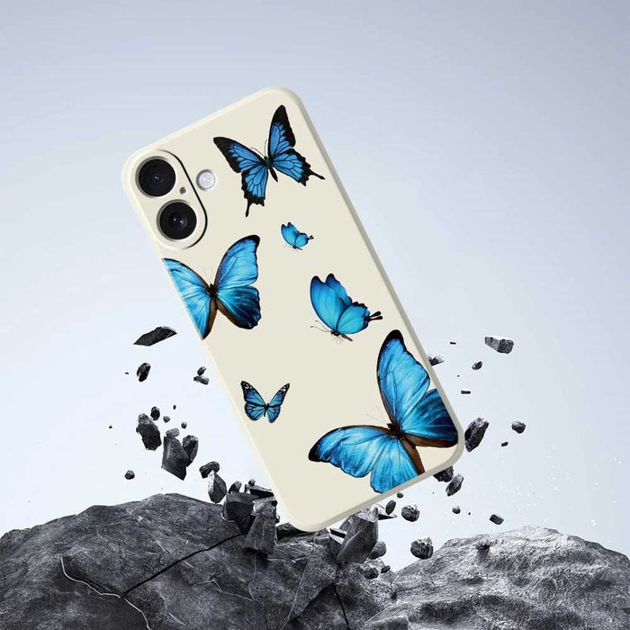 For iPhone 17 Case Blue Butterflies Pattern Printing Straight Edge TPU Phone Back Cover - Beige - 7
