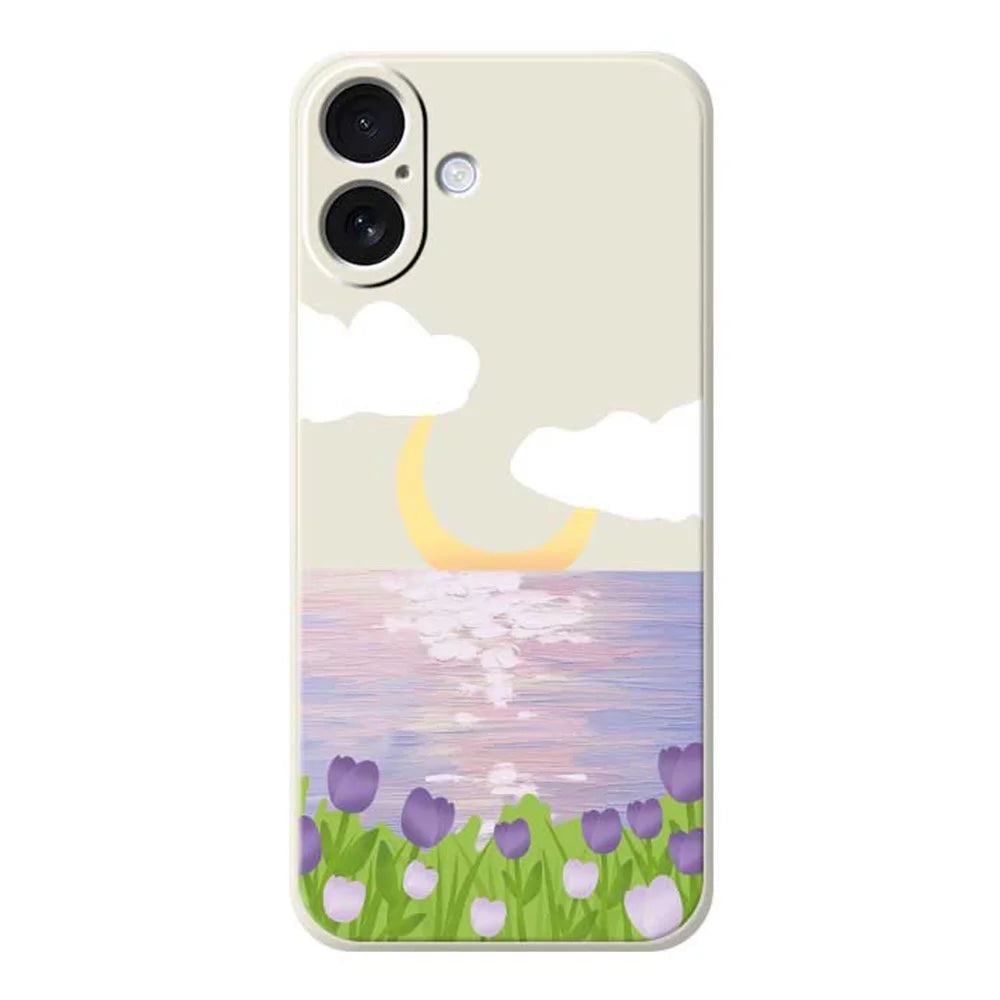 For iPhone 17 Case Flowers and Sea Pattern Printing Straight Edge TPU Phone Back Cover - Beige - 1