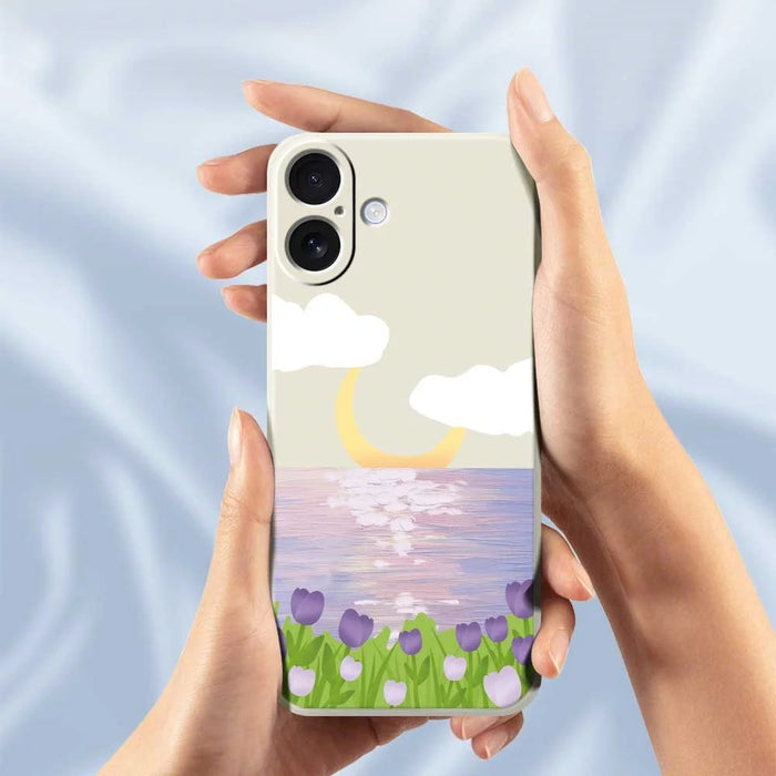 For iPhone 17 Case Flowers and Sea Pattern Printing Straight Edge TPU Phone Back Cover - Beige - 6