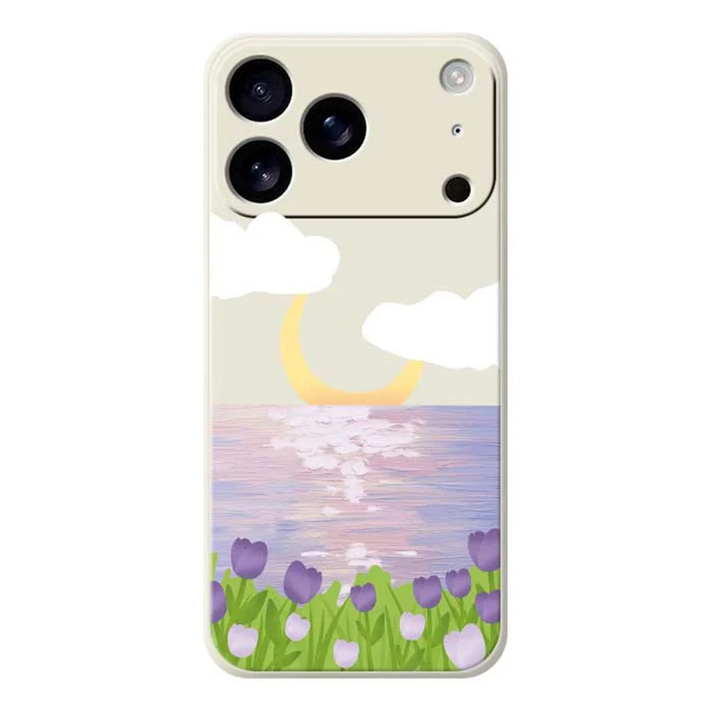 For iPhone 18 Pro / 17 Pro Case Flowers and Sea Pattern Printing Straight Edge TPU Phone Back Cover - Beige - 1