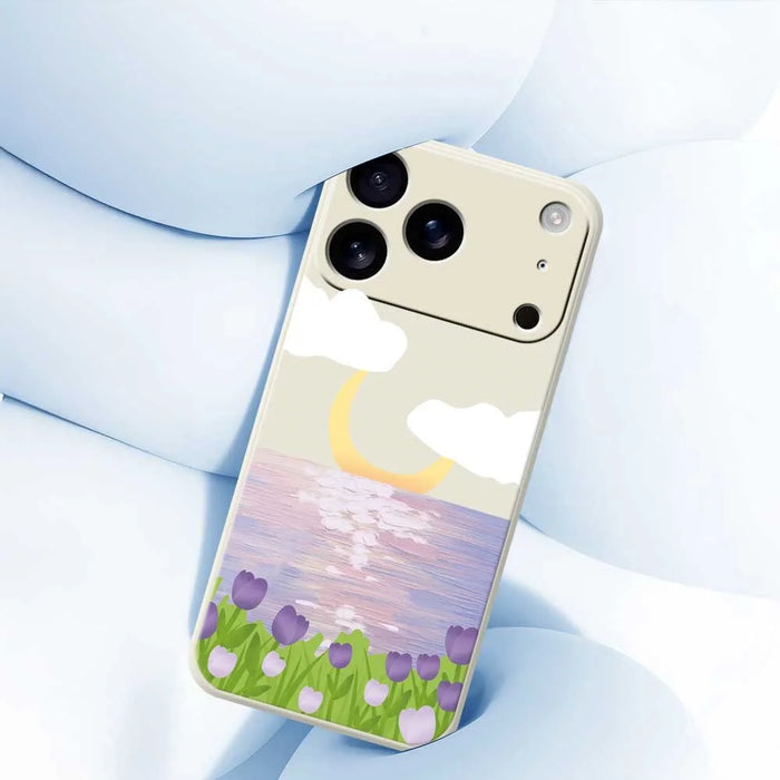 For iPhone 18 Pro / 17 Pro Case Flowers and Sea Pattern Printing Straight Edge TPU Phone Back Cover - Beige - 5