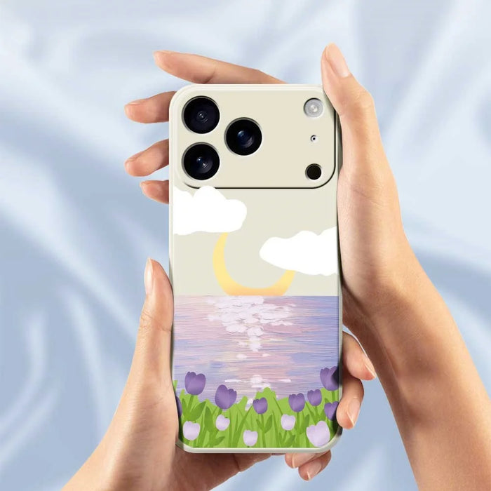 For iPhone 18 Pro / 17 Pro Case Flowers and Sea Pattern Printing Straight Edge TPU Phone Back Cover - Beige - 6
