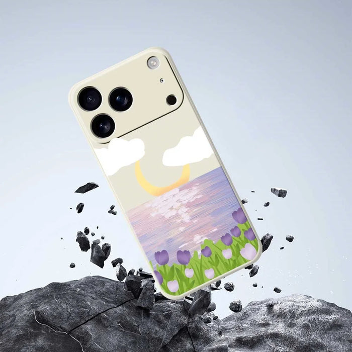 For iPhone 18 Pro / 17 Pro Case Flowers and Sea Pattern Printing Straight Edge TPU Phone Back Cover - Beige - 7