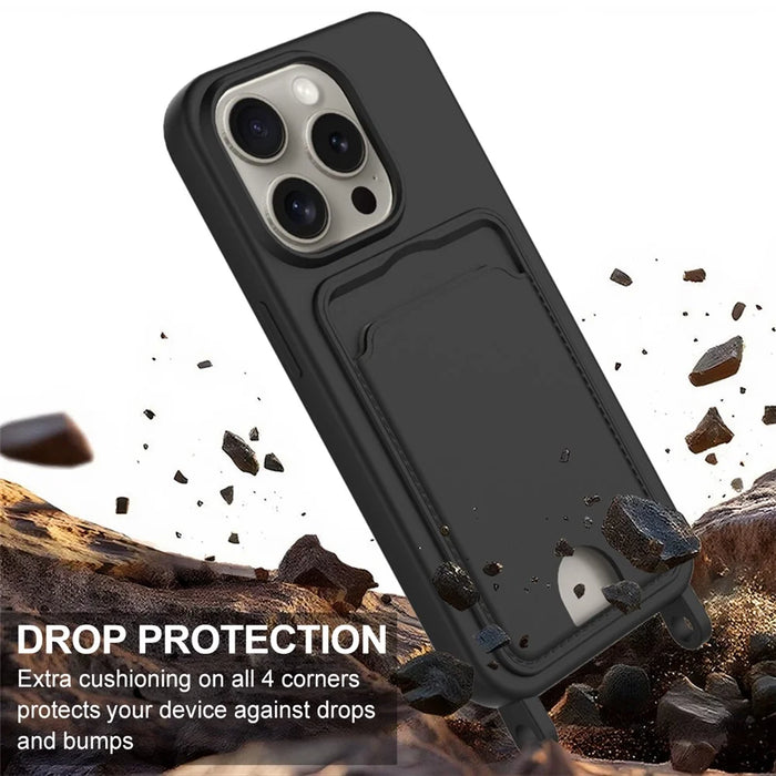 For iPhone 15 Pro Liquid Silicone Case Phone Back Cover with Card Holder and Short Strap - Black - 5