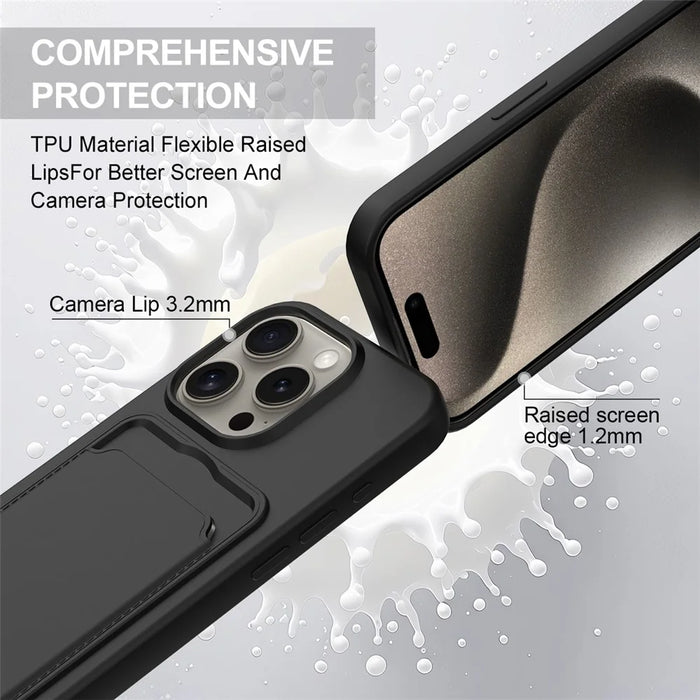 For iPhone 15 Pro Liquid Silicone Case Phone Back Cover with Card Holder and Short Strap - Black - 7