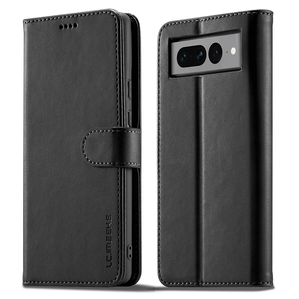 LC.IMEEKE For Google Pixel 7 Pro 5G Anti-scratch Phone Case Magnetic Clasp Phone Cover Wallet Stand Calf Texture PU Leather Protective Shell - Black - 1