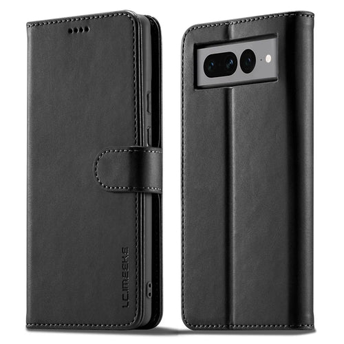 LC.IMEEKE For Google Pixel 7 Pro 5G Anti-scratch Phone Case Magnetic Clasp Phone Cover Wallet Stand Calf Texture PU Leather Protective Shell - Black - 1