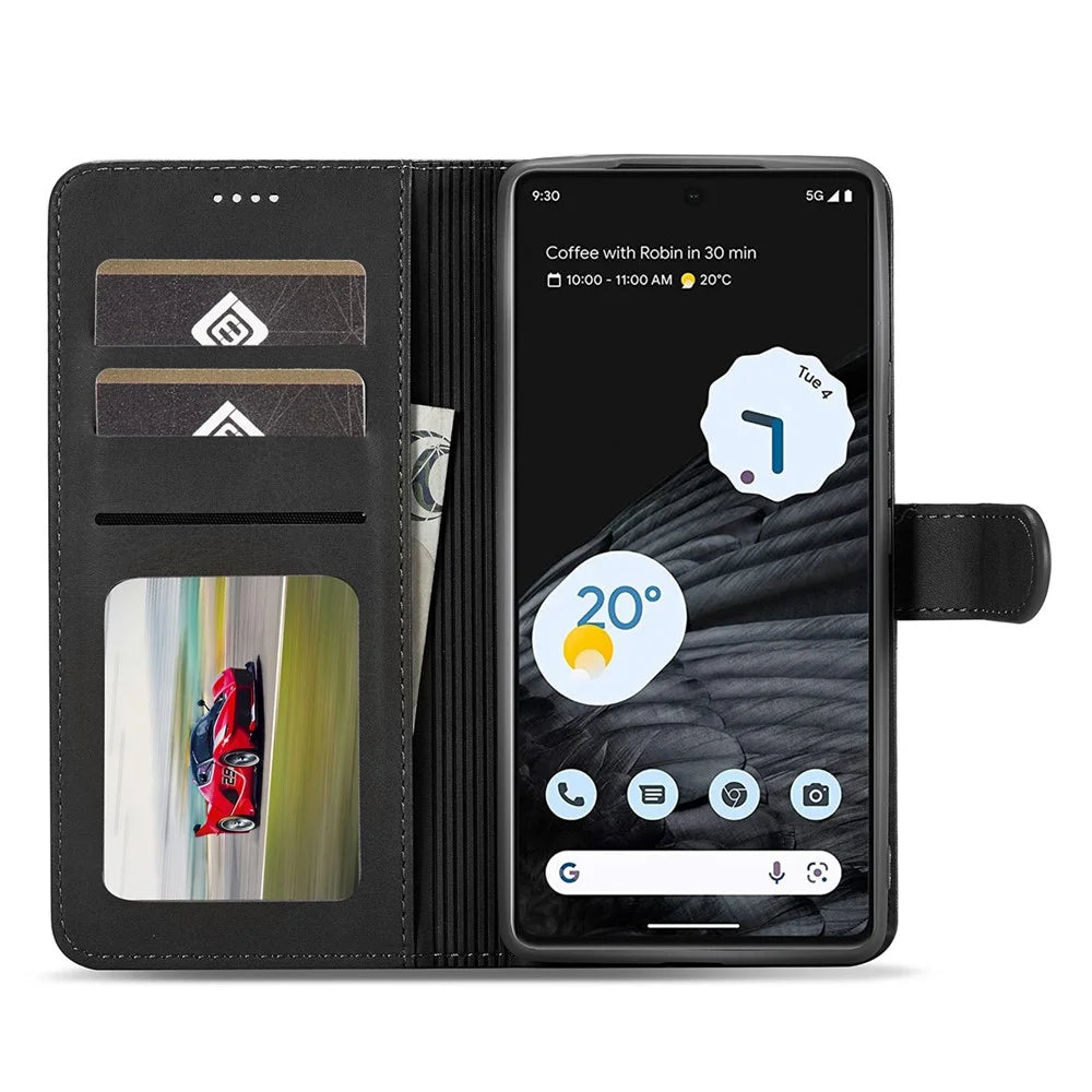LC.IMEEKE For Google Pixel 7 Pro 5G Anti-scratch Phone Case Magnetic Clasp Phone Cover Wallet Stand Calf Texture PU Leather Protective Shell - Black - 2