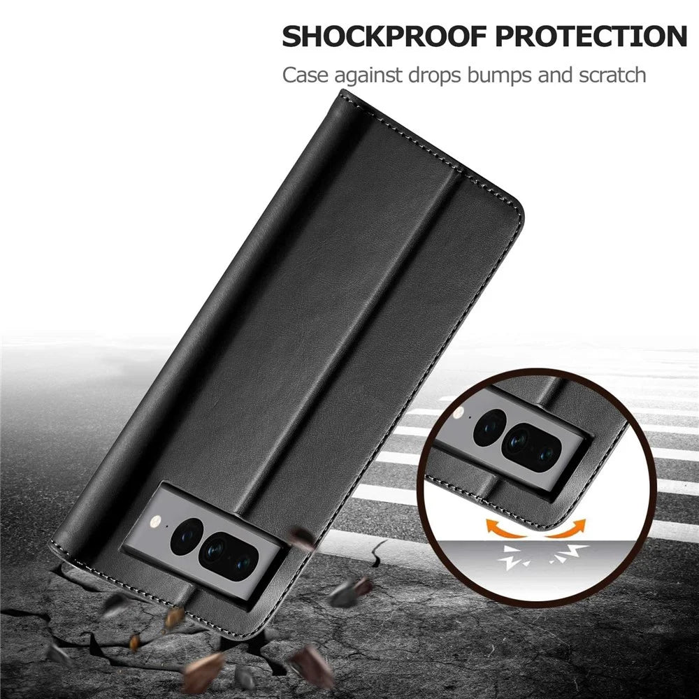 LC.IMEEKE For Google Pixel 7 Pro 5G Anti-scratch Phone Case Magnetic Clasp Phone Cover Wallet Stand Calf Texture PU Leather Protective Shell - Black - 5