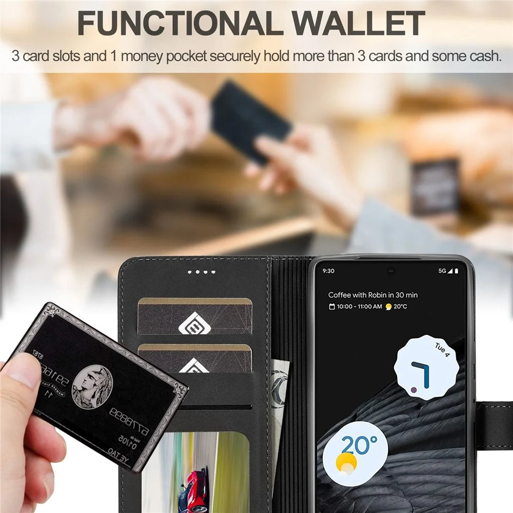 LC.IMEEKE For Google Pixel 7 Pro 5G Anti-scratch Phone Case Magnetic Clasp Phone Cover Wallet Stand Calf Texture PU Leather Protective Shell - Black - 6