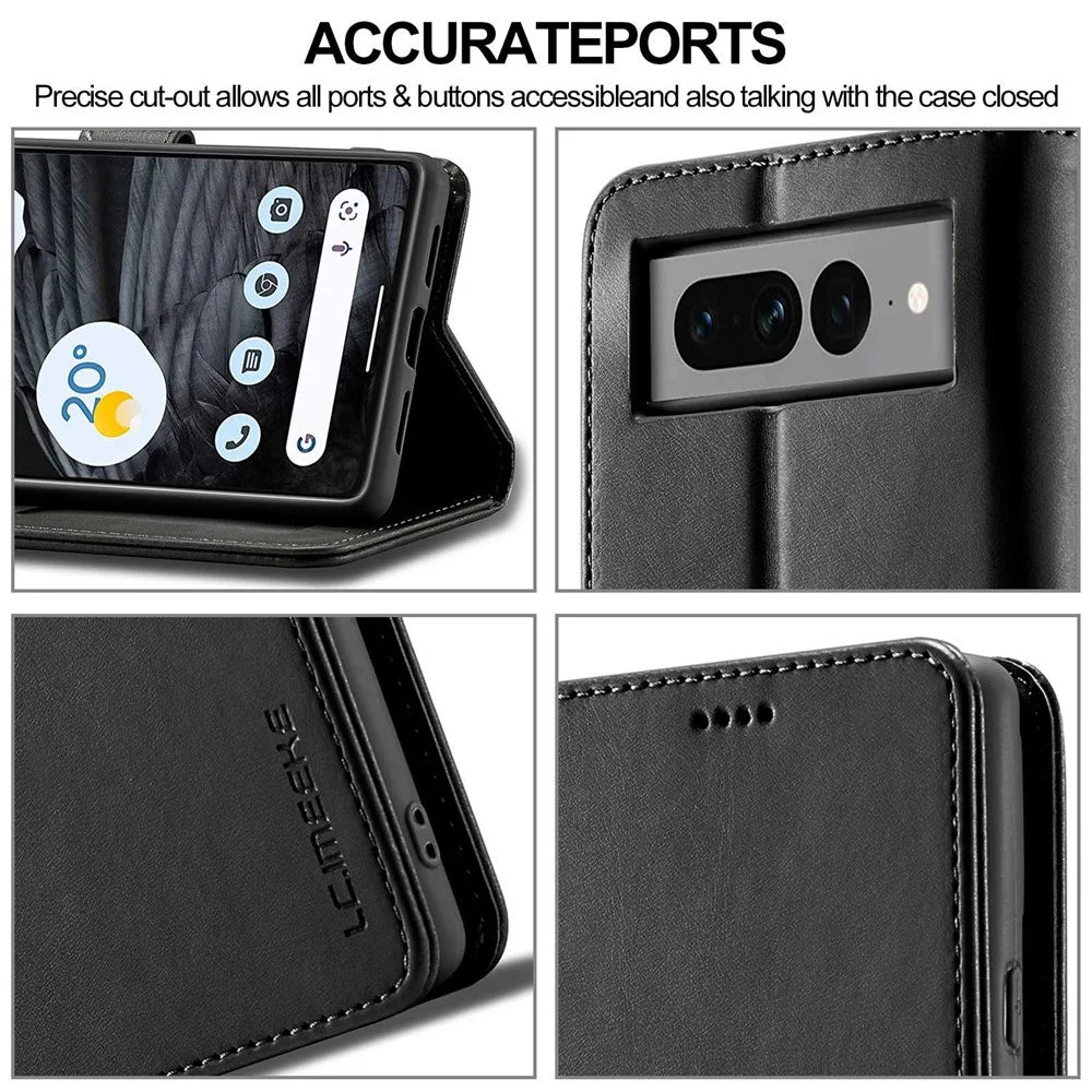 LC.IMEEKE For Google Pixel 7 Pro 5G Anti-scratch Phone Case Magnetic Clasp Phone Cover Wallet Stand Calf Texture PU Leather Protective Shell - Black - 7