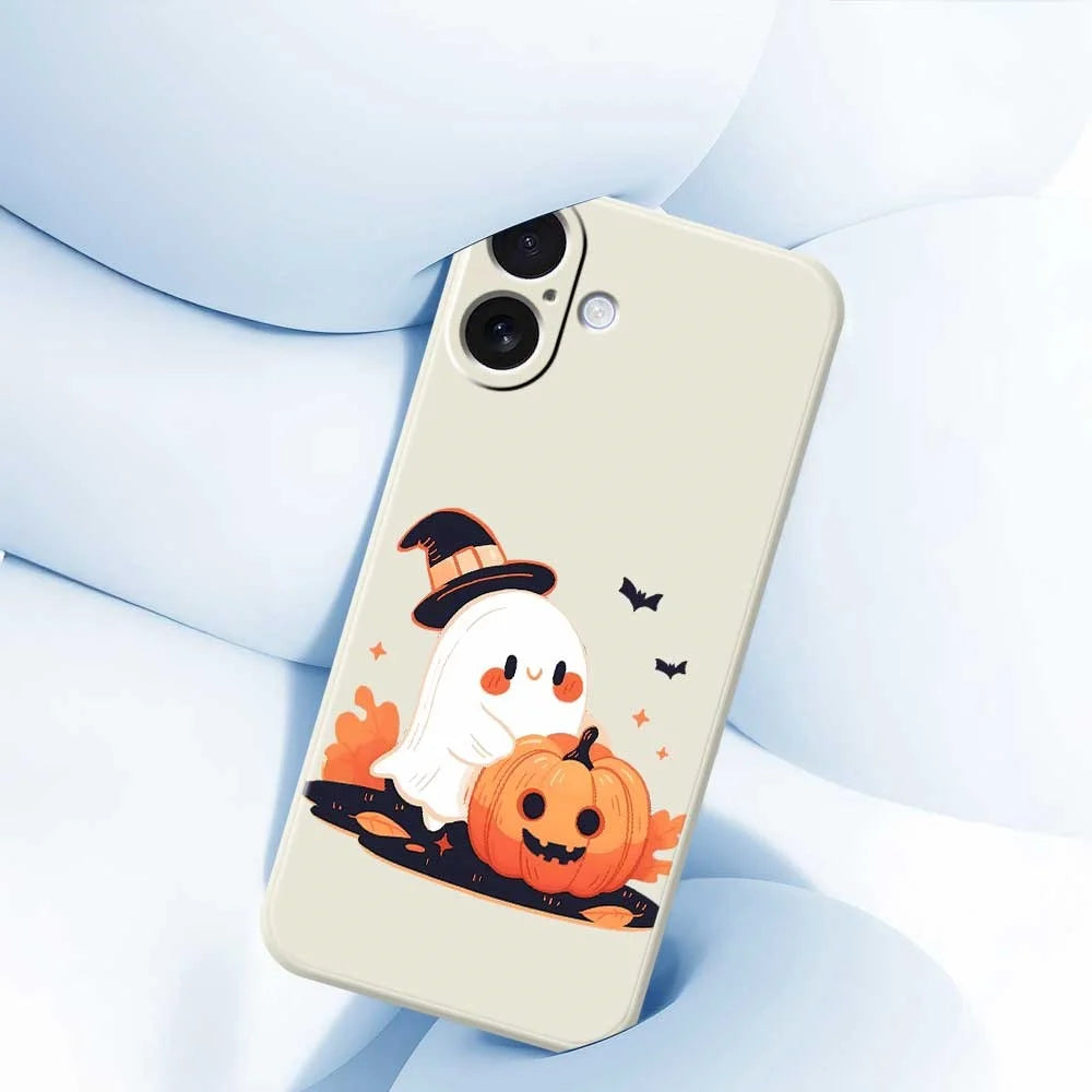 For iPhone 17 Case Halloween Ghost Pumpkin Pattern Printing Straight Edge TPU Phone Back Cover - Beige - 5