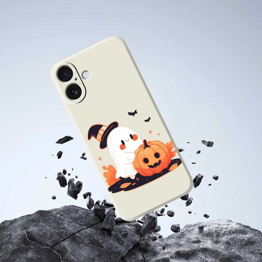 For iPhone 17 Case Halloween Ghost Pumpkin Pattern Printing Straight Edge TPU Phone Back Cover - Beige - 7