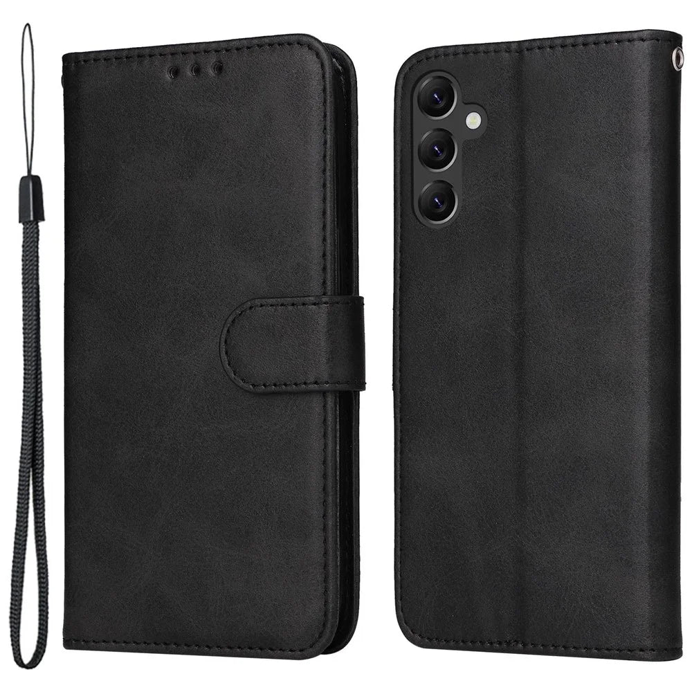 For Samsung Galaxy A14 5G / A14 4G Calf Texture PU Leather Phone Cover Magnetic Clasp Wallet Stand Case with Wrist Strap - Black - 1