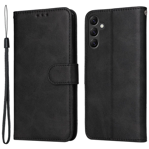 For Samsung Galaxy A14 5G / A14 4G Calf Texture PU Leather Phone Cover Magnetic Clasp Wallet Stand Case with Wrist Strap - Black - 1