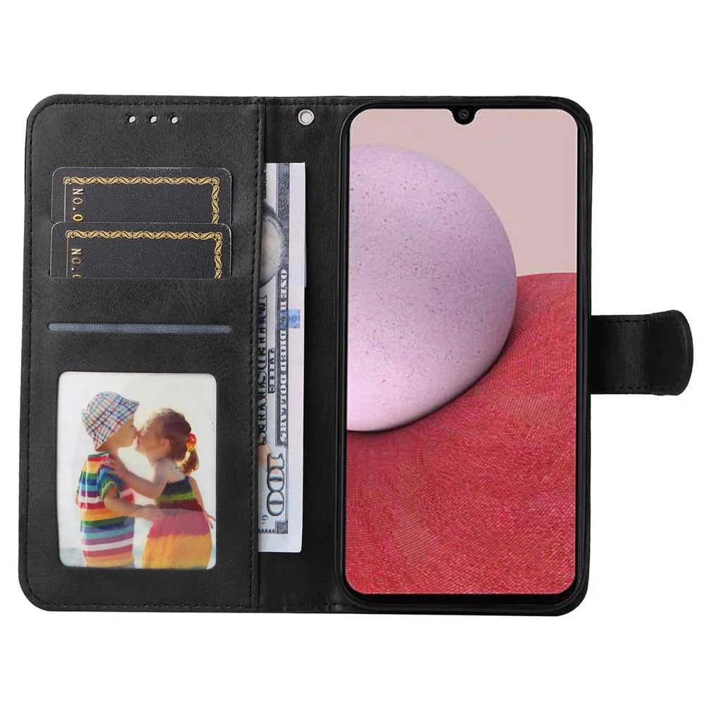 For Samsung Galaxy A14 5G / A14 4G Calf Texture PU Leather Phone Cover Magnetic Clasp Wallet Stand Case with Wrist Strap - Black - 2