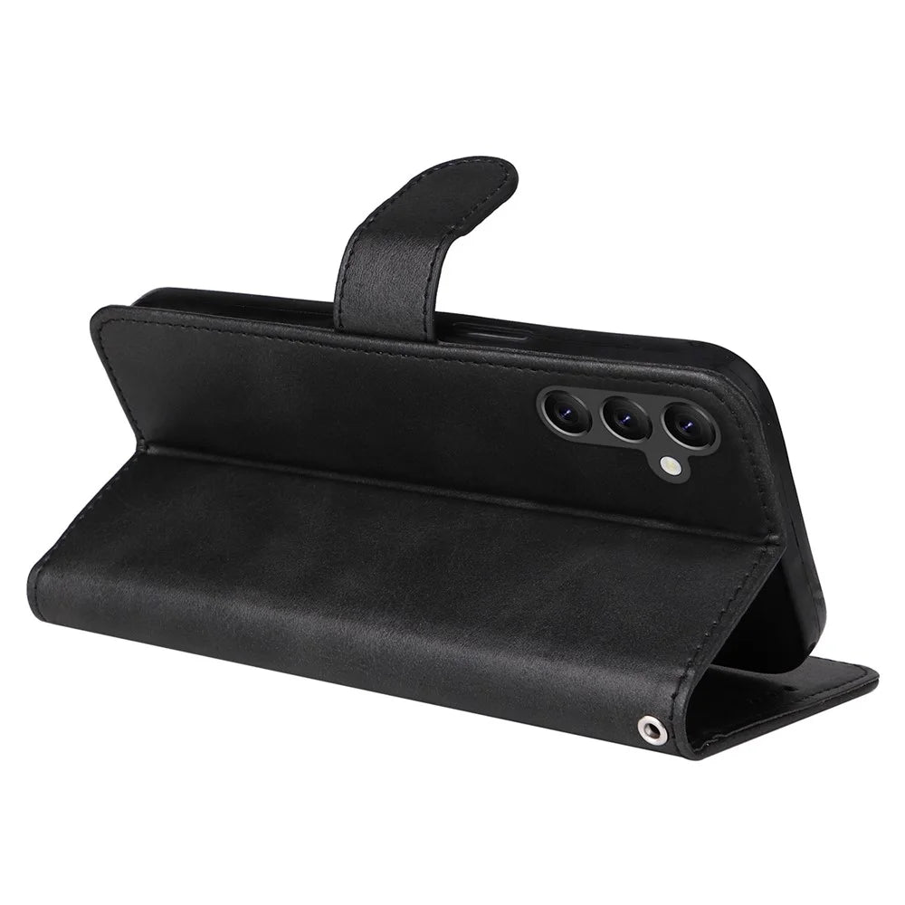 For Samsung Galaxy A14 5G / A14 4G Calf Texture PU Leather Phone Cover Magnetic Clasp Wallet Stand Case with Wrist Strap - Black - 4
