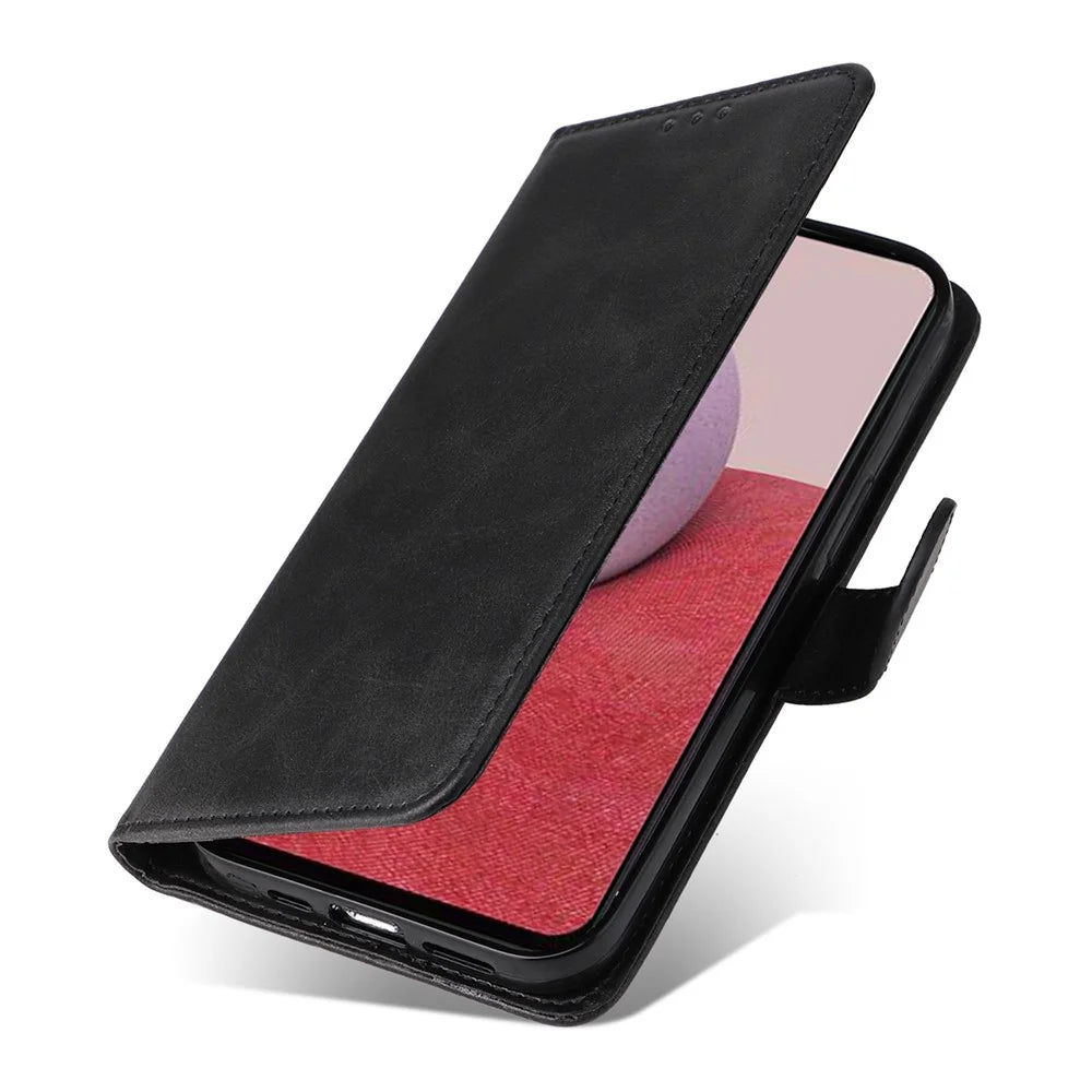 For Samsung Galaxy A14 5G / A14 4G Calf Texture PU Leather Phone Cover Magnetic Clasp Wallet Stand Case with Wrist Strap - Black - 5