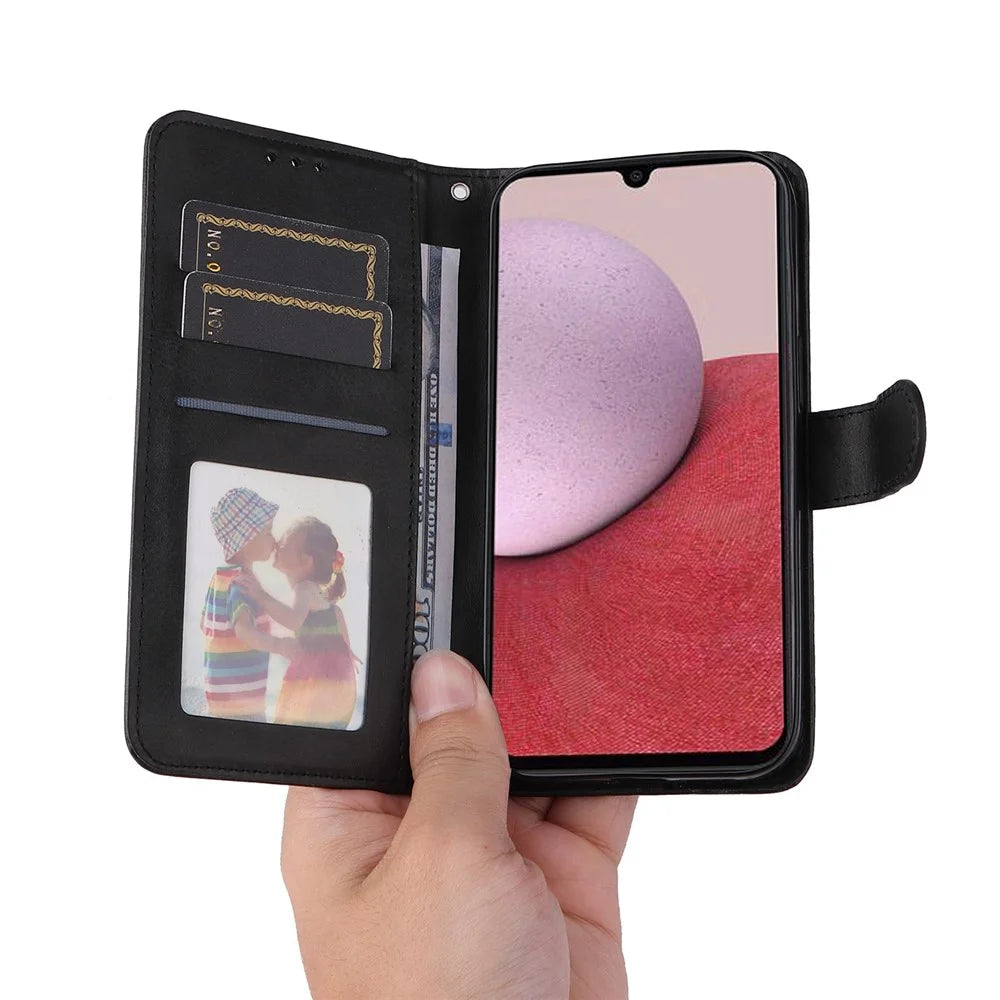 For Samsung Galaxy A14 5G / A14 4G Calf Texture PU Leather Phone Cover Magnetic Clasp Wallet Stand Case with Wrist Strap - Black - 7