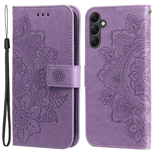 For Samsung Galaxy A14 5G / A14 4G Flower Imprinting PU Leather Case Folio Flip Foldable Stand Wallet Phone Cover with Strap - Purple - 1