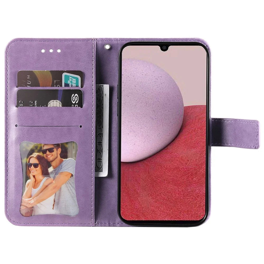 For Samsung Galaxy A14 5G / A14 4G Flower Imprinting PU Leather Case Folio Flip Foldable Stand Wallet Phone Cover with Strap - Purple - 2