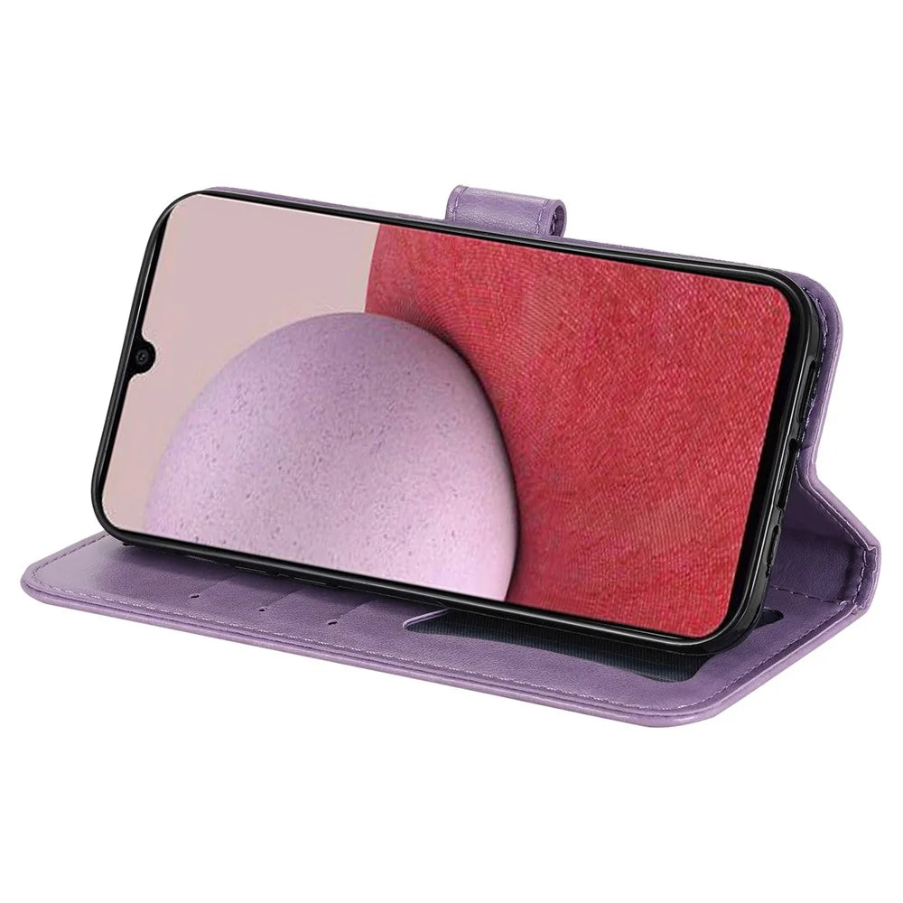 For Samsung Galaxy A14 5G / A14 4G Flower Imprinting PU Leather Case Folio Flip Foldable Stand Wallet Phone Cover with Strap - Purple - 3